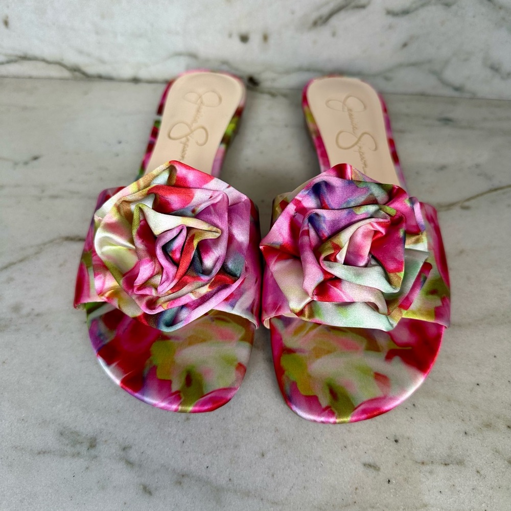Jessica Simpson Floral Rosette Slide Sandals Pink Satin Mule Flats Size 8 - Picture 1 of 7